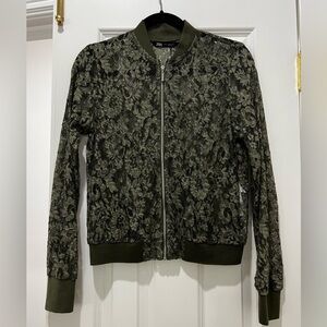 Zara olive green lace bomber jacket, size XS. NWOT.